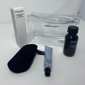 Grown Alchemist Skincare Set with Clear Pouch and cleansing sponge